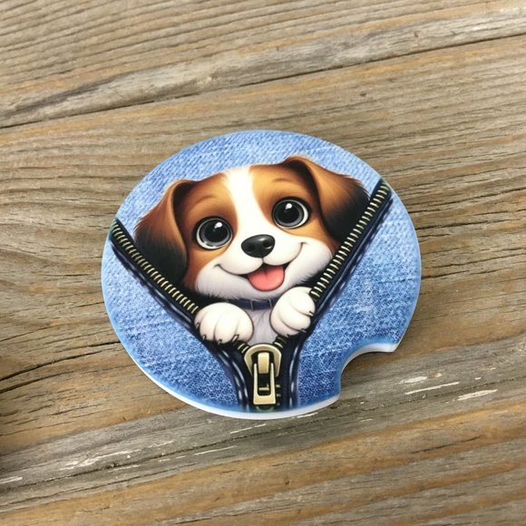 Dog Peek-a-Boo Zipper Car Coasters Set of 2 - Picture 6 of 7